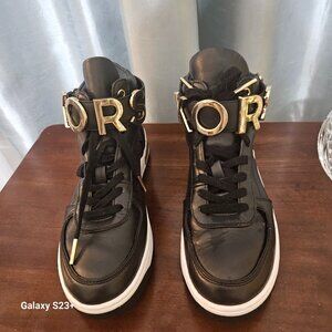 Michael Kors Size 6M Logo High Top Black Leather Sneakers